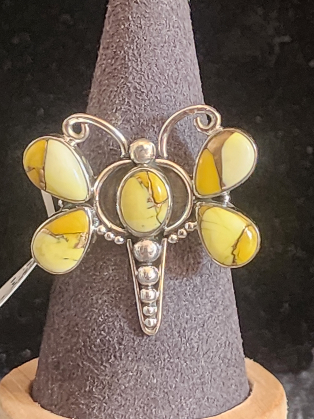 Yellow Turquoise Sterling Silver Butterfly Dragonfly Statement Ring  Sz 10